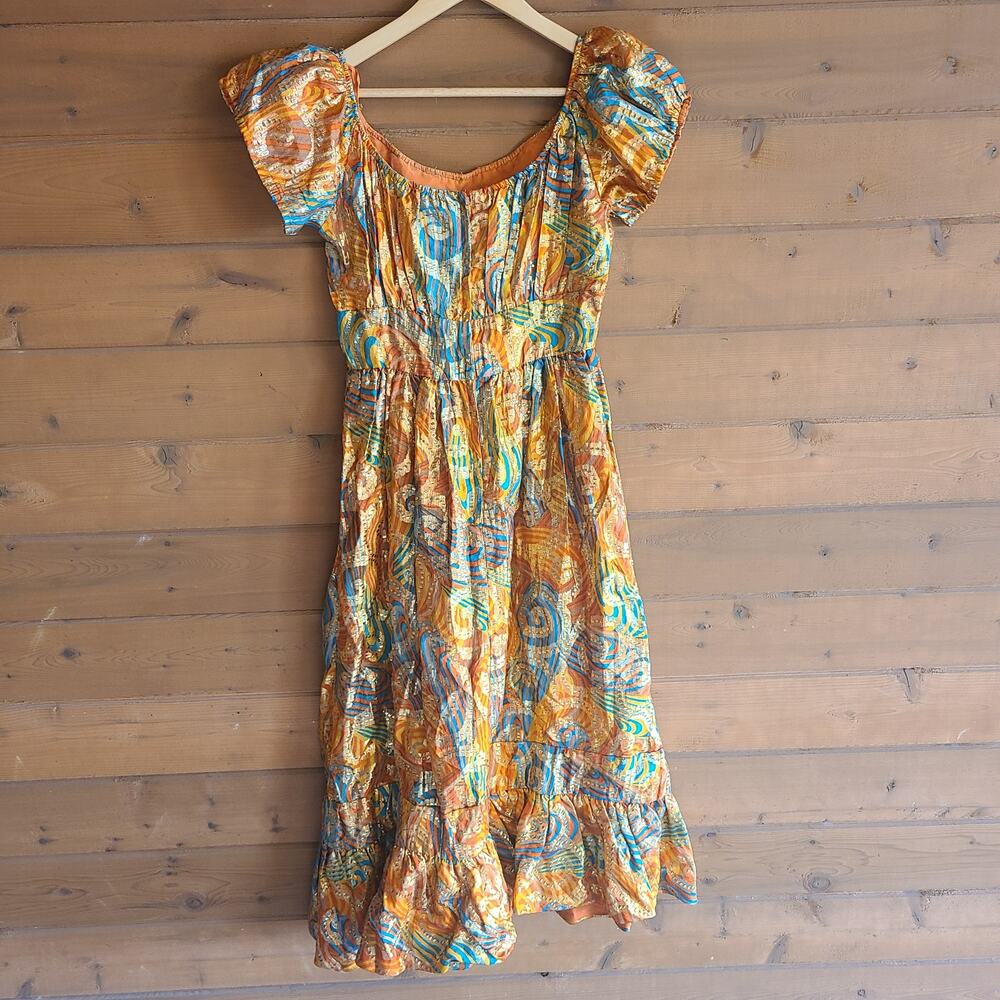 Vintage 70's Handmade Dress Peasant Metallic Psychedelic Empire Puff Sleeve Boho - Picture 5 of 7